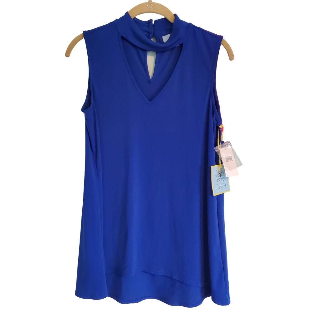 NWT CeCe Deep Royal Blue Sleeveless Flowy Tunic Top V Mock Neck Size Small